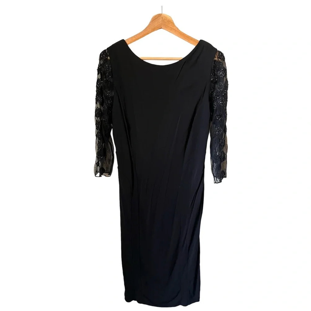 Badgley Mischka Black Cowl Back Dress with Lace Sleeves, size 14